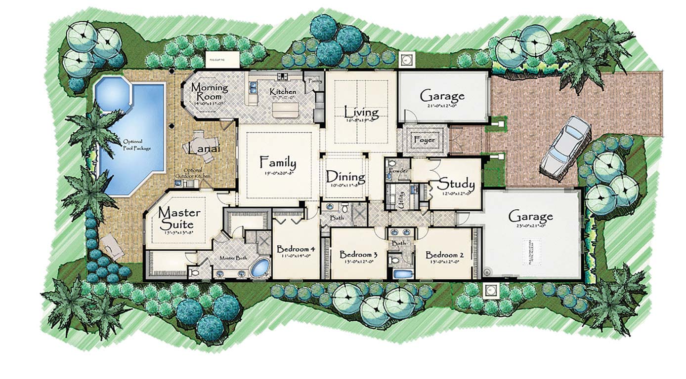 Orchid II Floor Plan in Lakoya, Stock Construction, 4 bedroom, 3 � bath, family room, living room, study, dining room, screened covered lanai, 3-car garage
